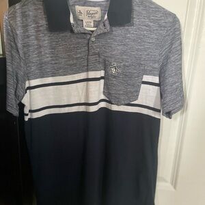 Penguin navy and white variegated stripe polo